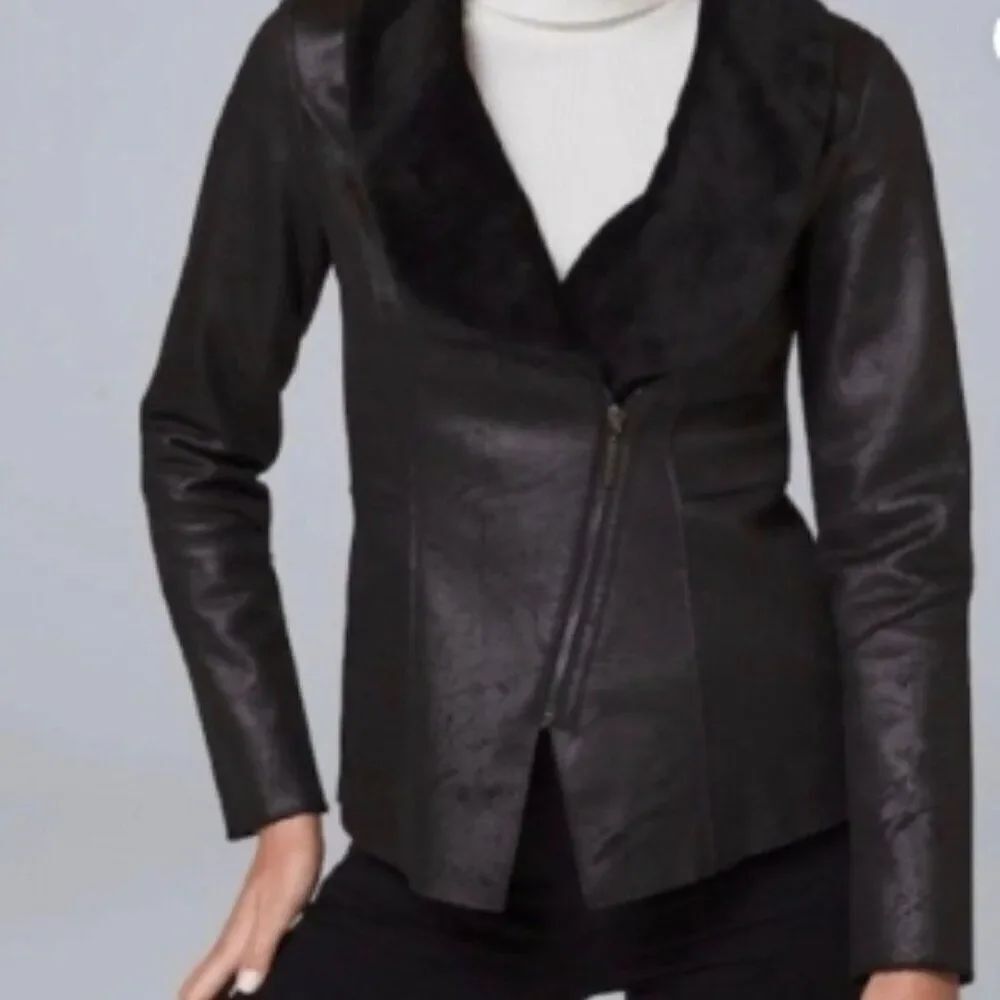 Like New! WHBM Asymmetrical Zip LS Shearling Moto Blazer Jacket in XS